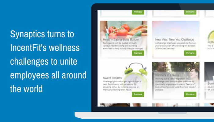 Synaptics turns to IncentFit's wellness challenges to unite employees all around the world. Text with a screenshot of IncentFit's challenges template gallery.