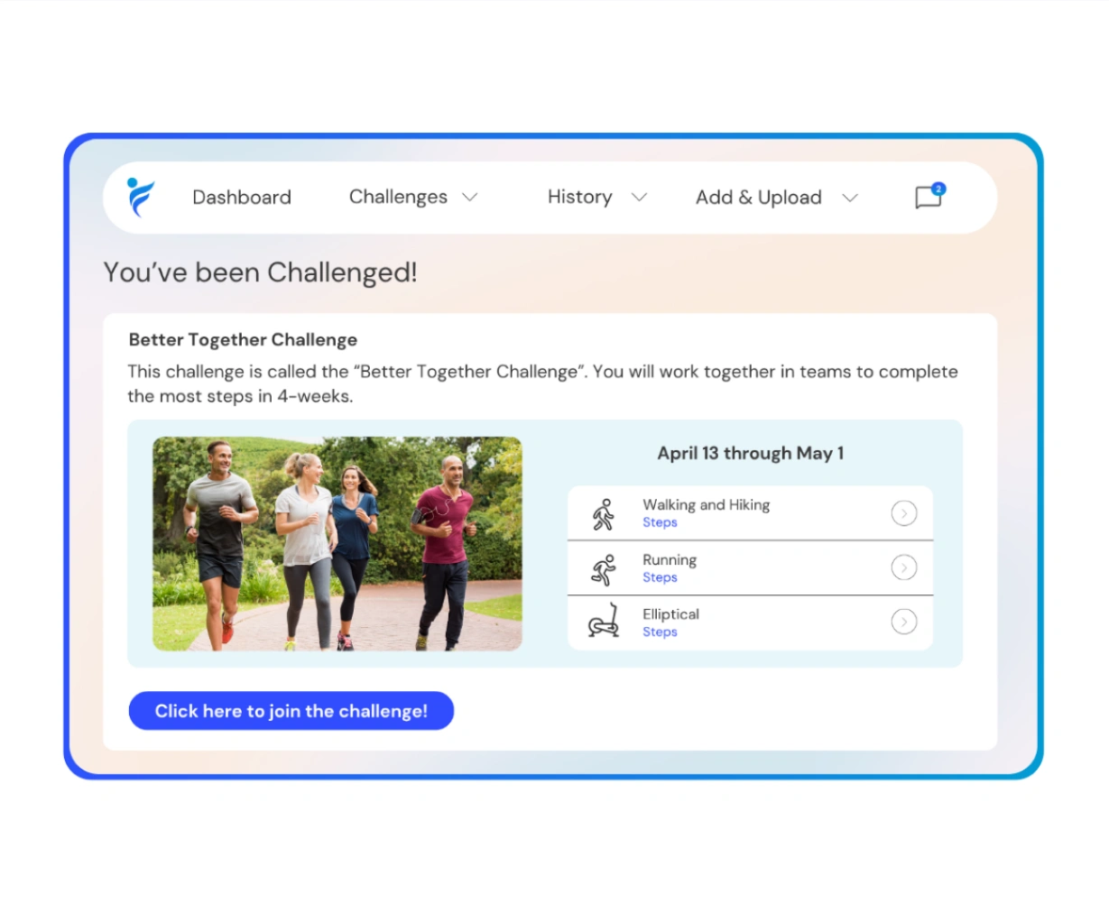 IncentFit Join a Challenge dashboard